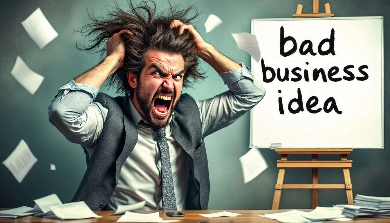 AI startup ideas - An angry businessman pulling his hair out because he chose the wrong business idea